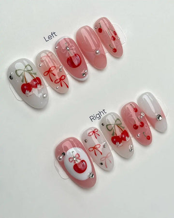 Handmade Cute Pink White Cherry Fruit Sweet Press on Nails H09