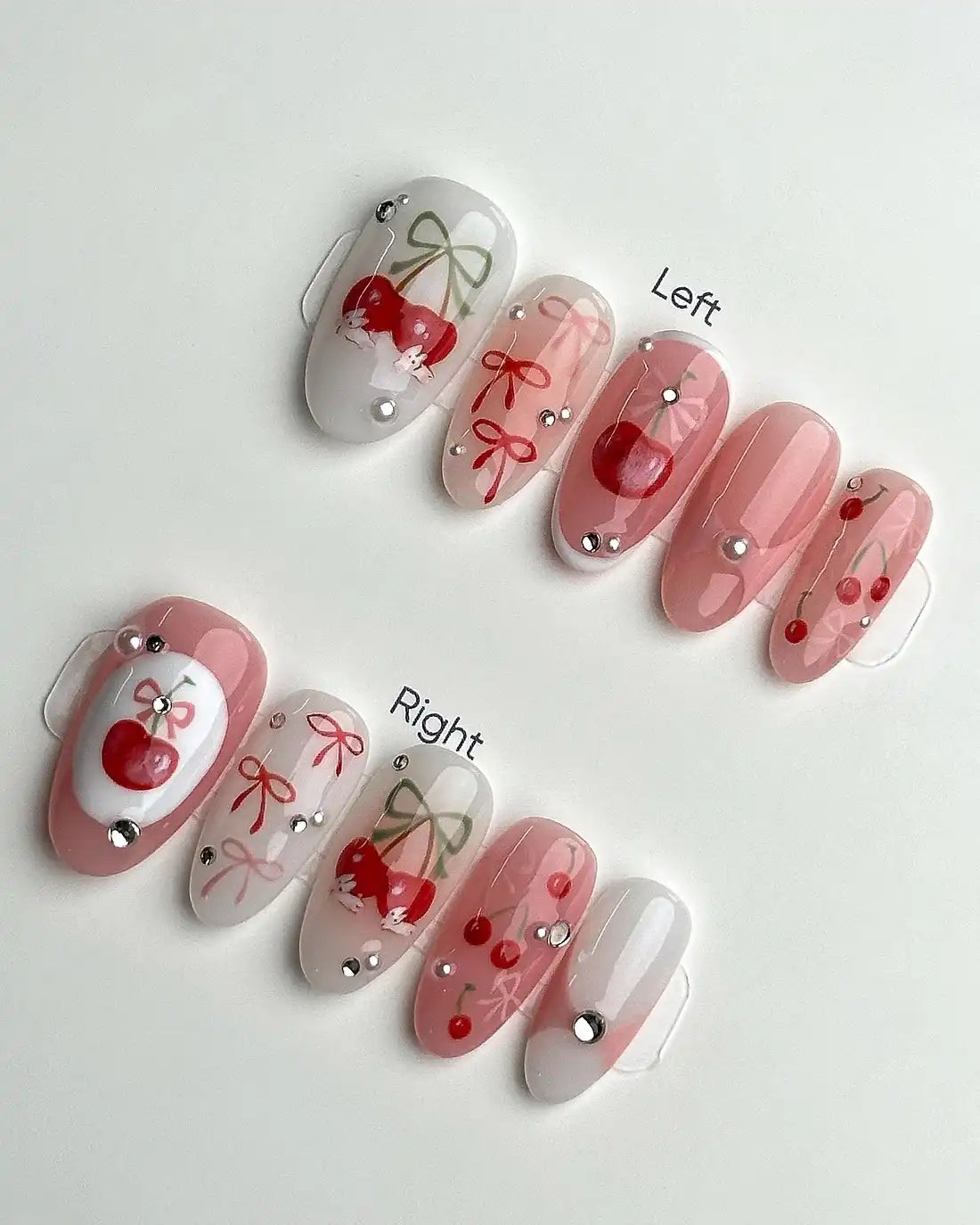 Handmade Cute Pink White Cherry Fruit Sweet Press on Nails H09