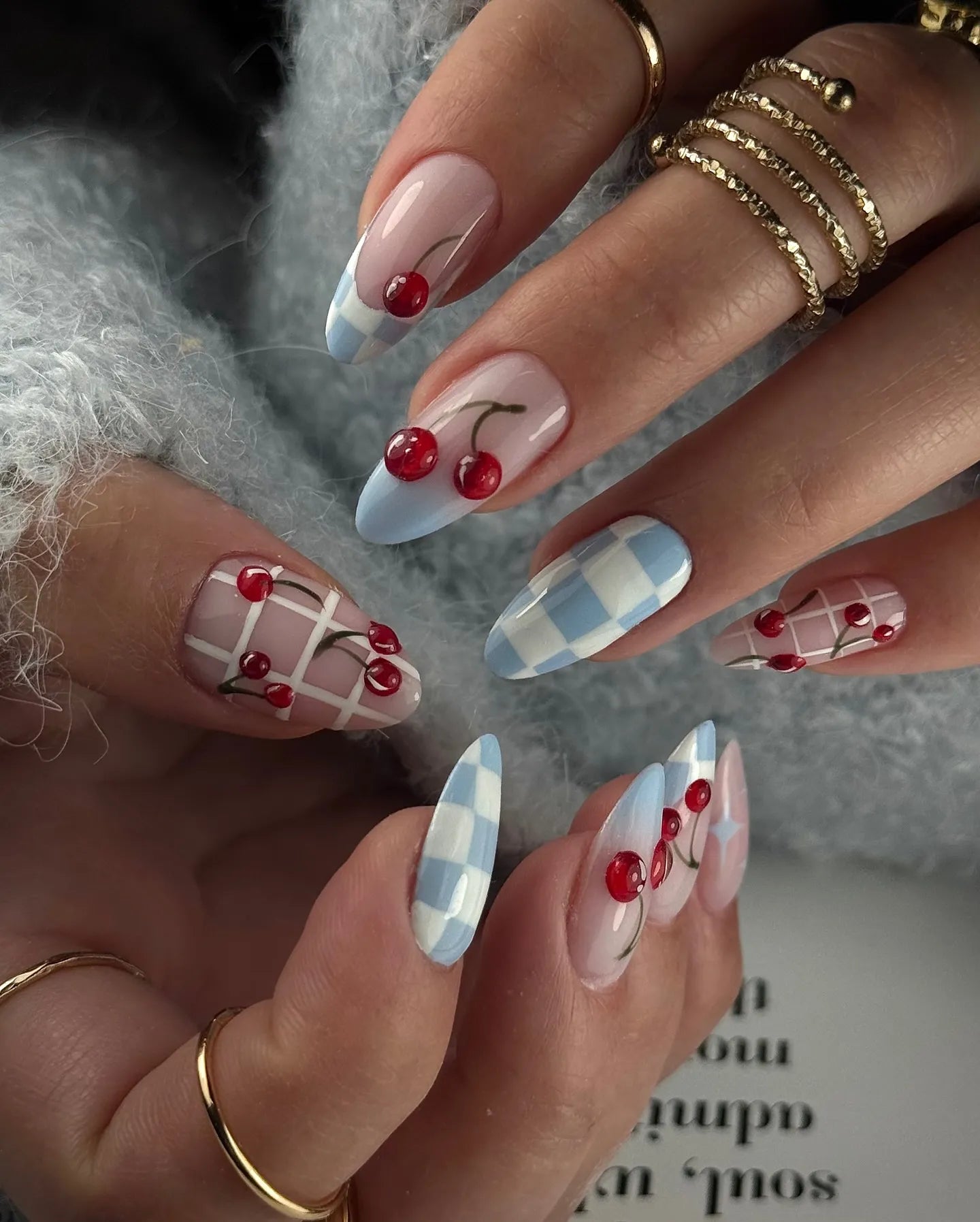 Handmade Cute Red Cherry Blue Picnic Press on Nails H42