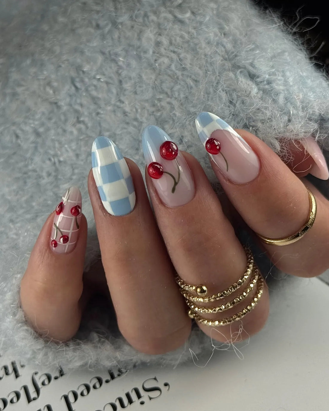 Handmade Cute Red Cherry Blue Picnic Press on Nails H42