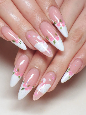 Handmade press-on nails with white swan, pink rose, balletcore floral and star designs.