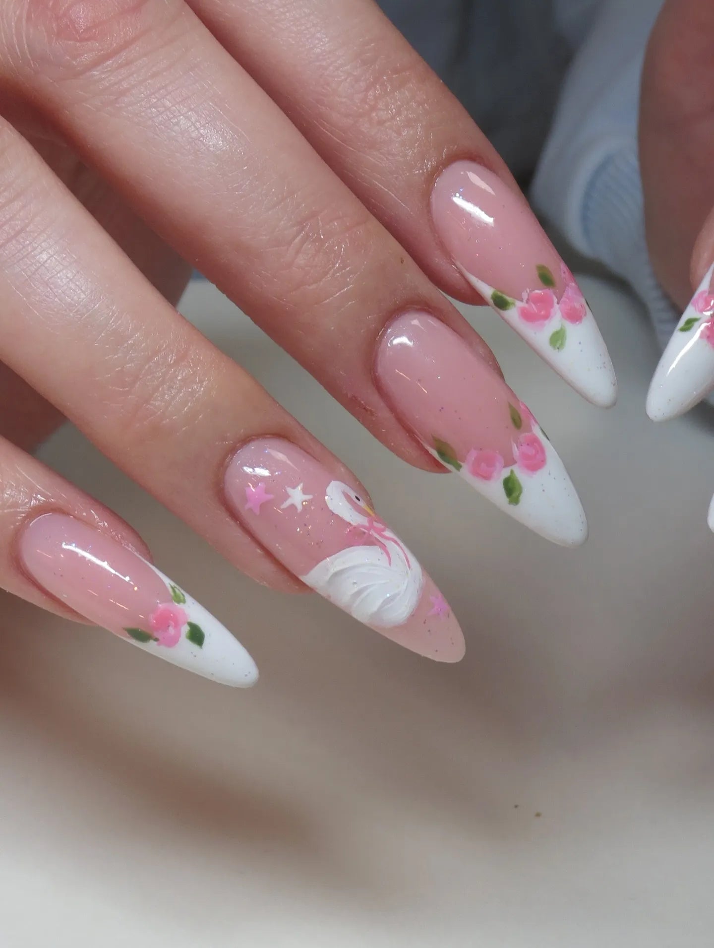 Handmade press-on nails with white swan, pink rose floral art, balletcore design