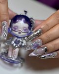 Cyber chrome purple 3D metallic flower stiletto press-on nails with silver accents