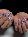 Handmade cyberpunk style press-on nails with silver metallic and lavender ombre design