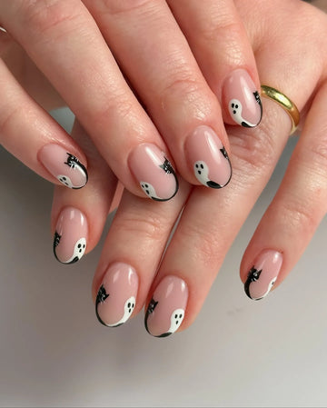 Handmade Dainty Gothic Nude Pink Black Cat White Ghost Yin Yang Press on Nails PY9