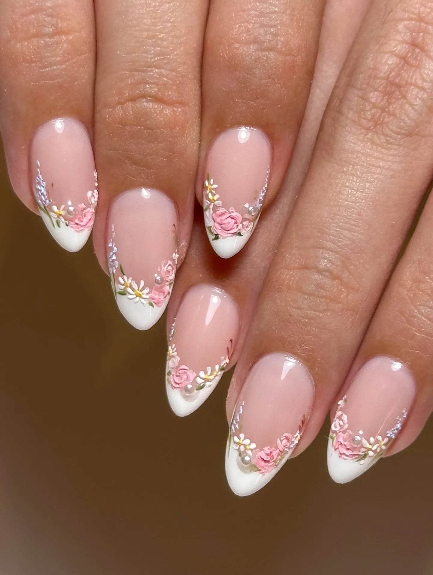Handmade Pink Floral Garden Pearl White French Tip Wedding Fake Nails Y34
