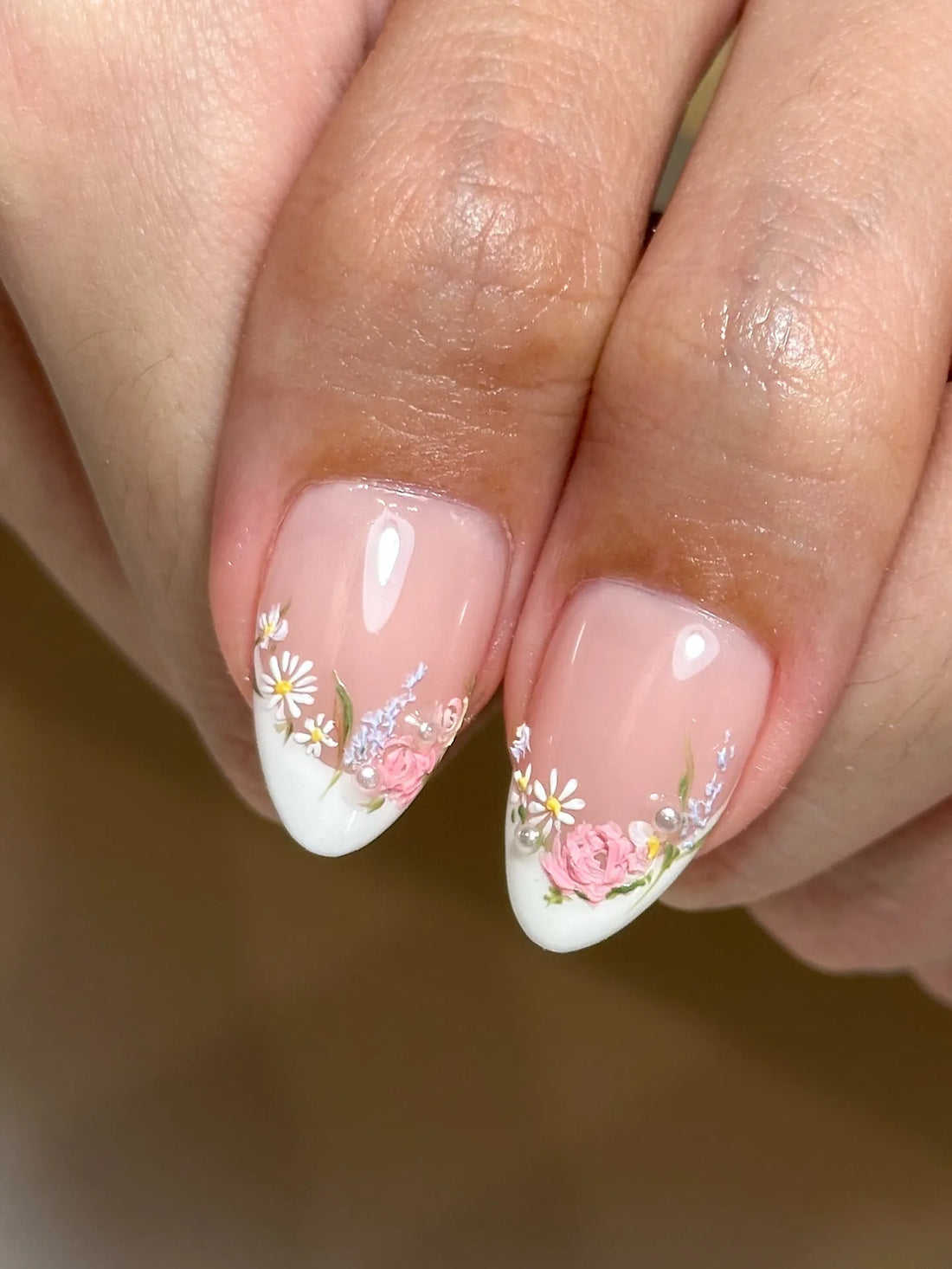 Handmade Pink Floral Garden Pearl White French Tip Wedding Fake Nails Y34