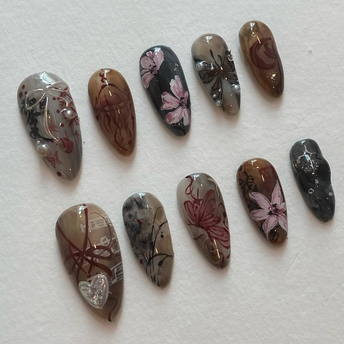 Handmade Dark Academia Floral Butterfly Moody Antique Brown Gray Press on Nails F41