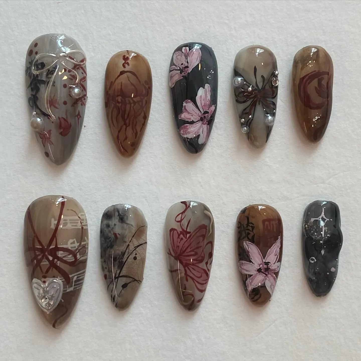 Handmade Dark Academia Floral Butterfly Moody Antique Brown Gray Press on Nails F41