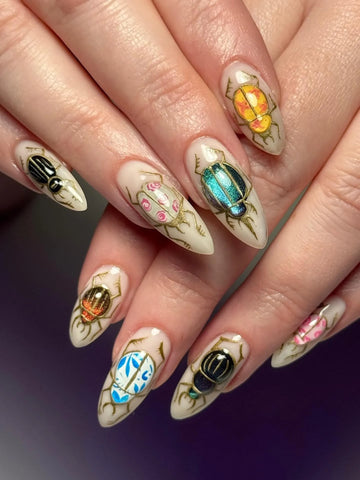 Handmade Dark Academia Nude Metallic Gold Filigree Beetle Press on Nails QA8