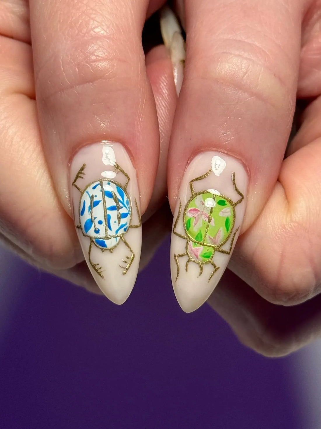 Handmade Dark Academia Nude Metallic Gold Filigree Beetle Press on Nails QA8