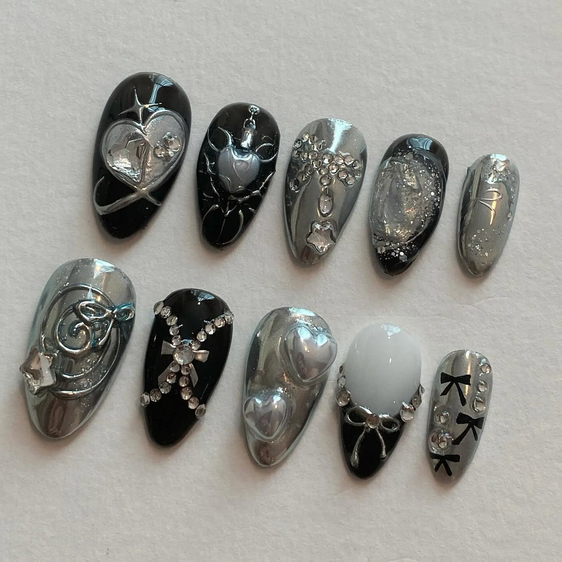 Handmade Dark Silver Chrome Heart Bow Party Press on Nails C39