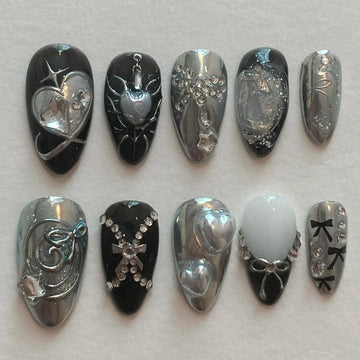 Handmade Dark Silver Chrome Heart Bow Party Press on Nails C39