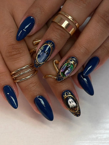 Handmade Dark Blue Halloween Cute Ghost Portrait 3D Gold Frame Press on Nails PT0