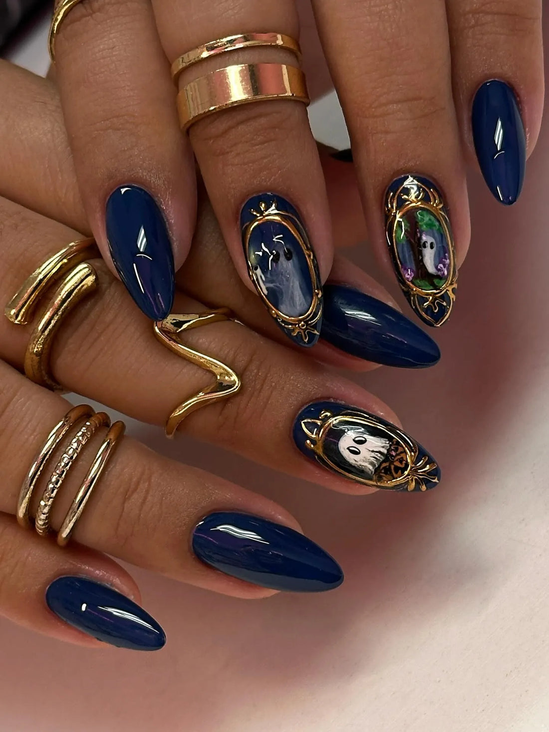 Handmade Dark Blue Halloween Cute Ghost Portrait 3D Gold Frame Press on Nails PT0