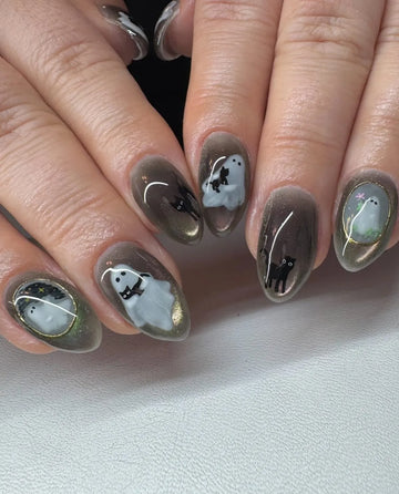 Handmade Dark Charcoal Smokey Cat Eye Gold Framed Ghost Black Cat Press on Nails QD7