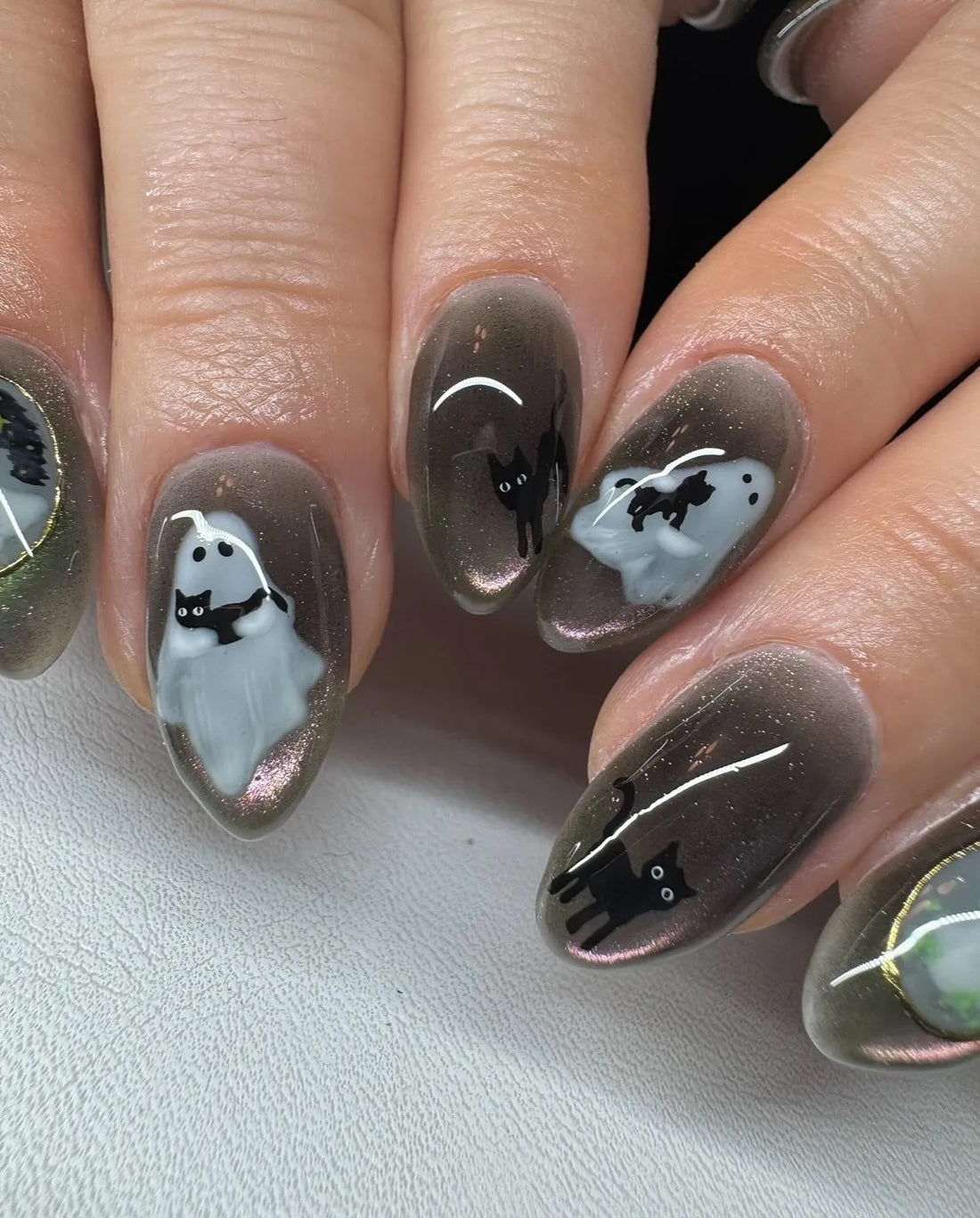 Handmade Dark Charcoal Smokey Cat Eye Gold Framed Ghost Black Cat Press on Nails QD7