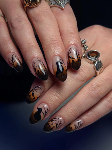 Handmade Dark Ombre Sunset Raven Cemetery Silhouette Halloween Press on Nails QB3