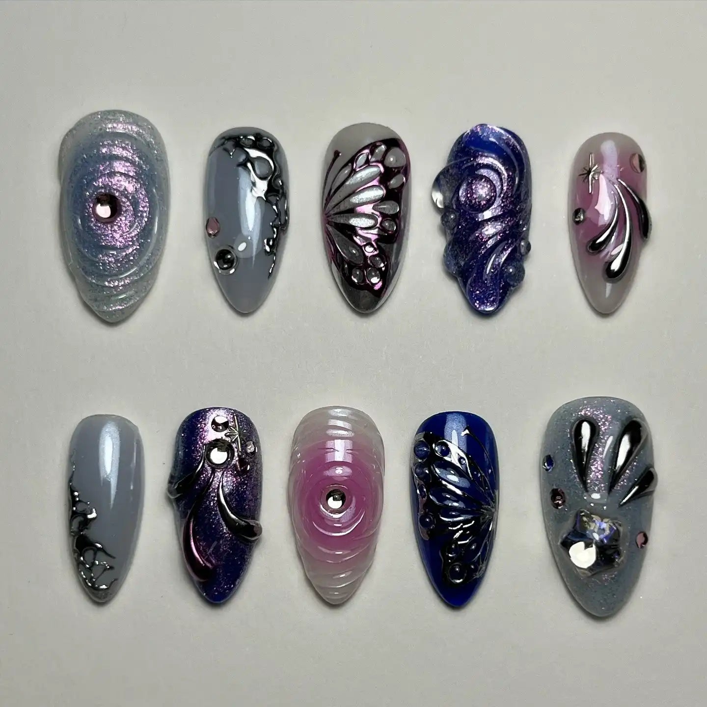 Handmade Dark Fantasy Butterfly Rhinestone Purple Silver Press on Nails F51
