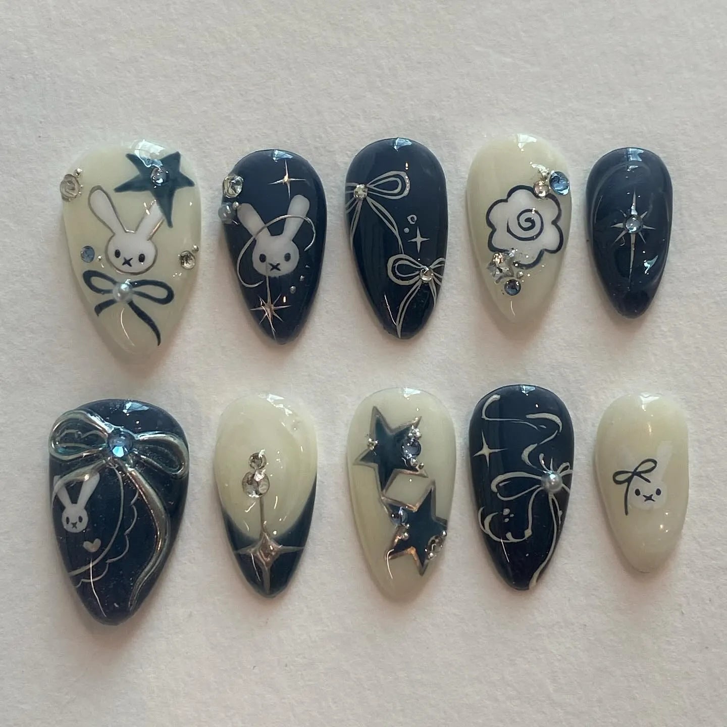 Handmade Dark Navy Bunny Star Bow Character Press on Nails Q48