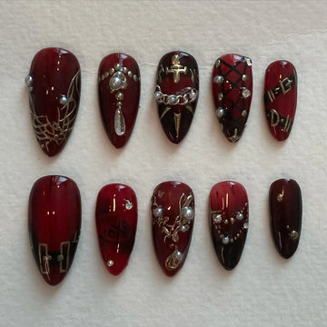 Handmade Dark Red Burgundy Pearl Silver Chain Gothic Press on Nails Z23