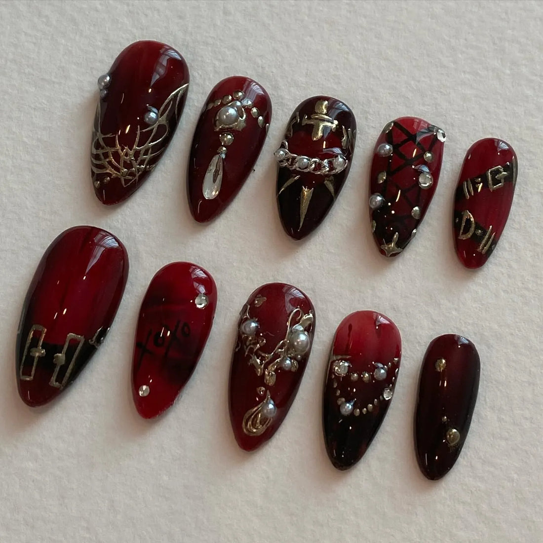 Handmade Dark Red Burgundy Pearl Silver Chain Gothic Press on Nails Z23