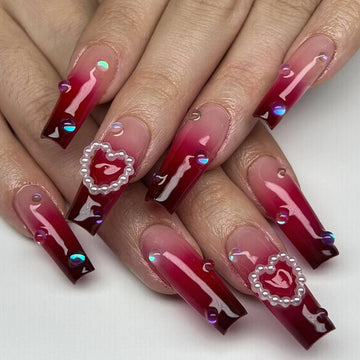 Handmade Dark Red Cherry Ombre Love Heart Romantic Press-On Nails R32