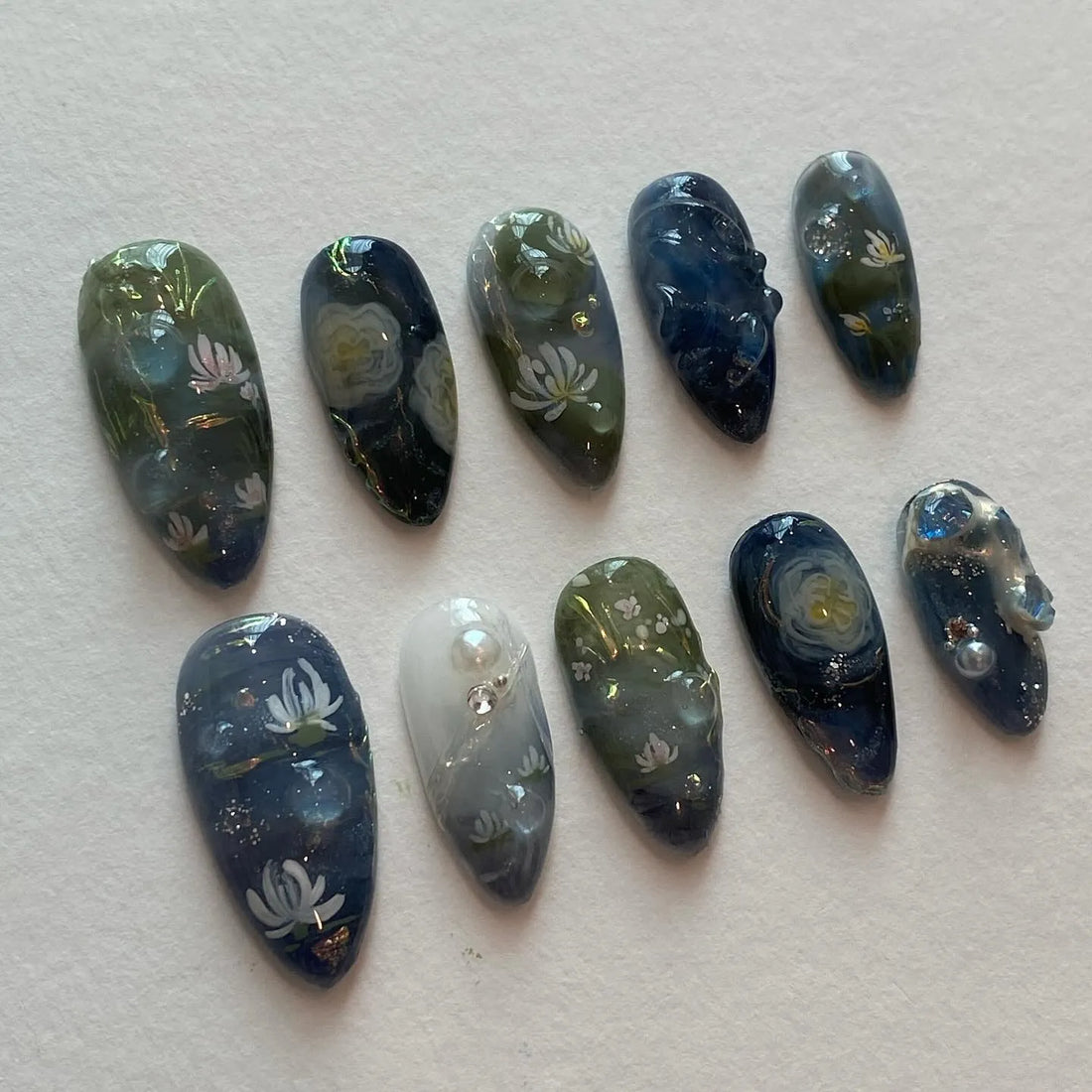Handmade Deep Blue Green Water Lily Pond Abstract Art Nature Press on Nails K62
