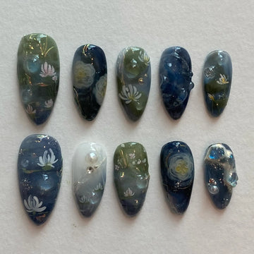Handmade Deep Blue Green Water Lily Pond Abstract Art Nature Press on Nails K62