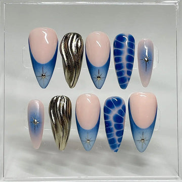 Handmade Deep Blue Lightning Gold Chrome Marble Star Press on Nails Z50