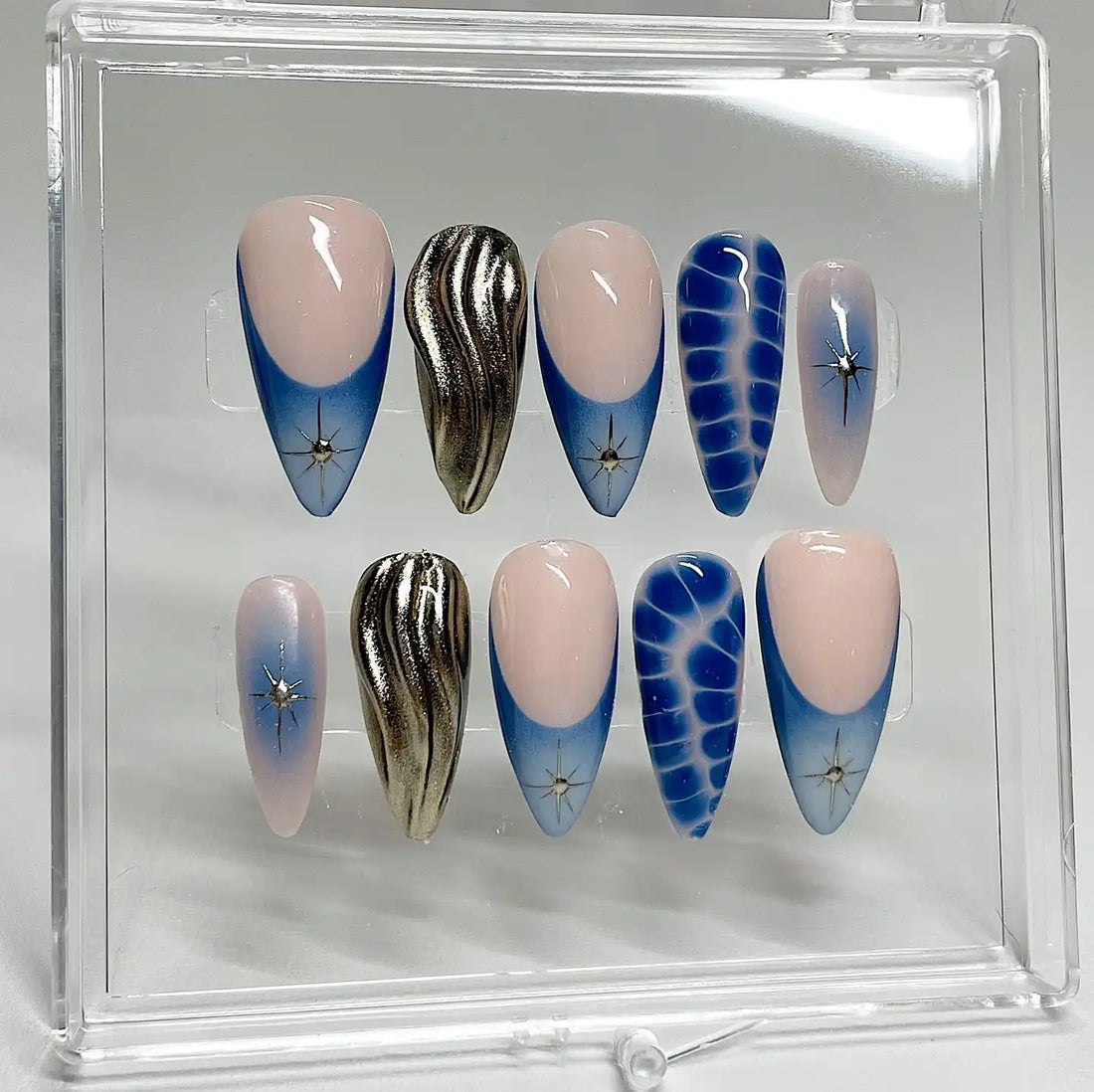 Handmade Deep Blue Lightning Gold Chrome Marble Star Press on Nails Z50