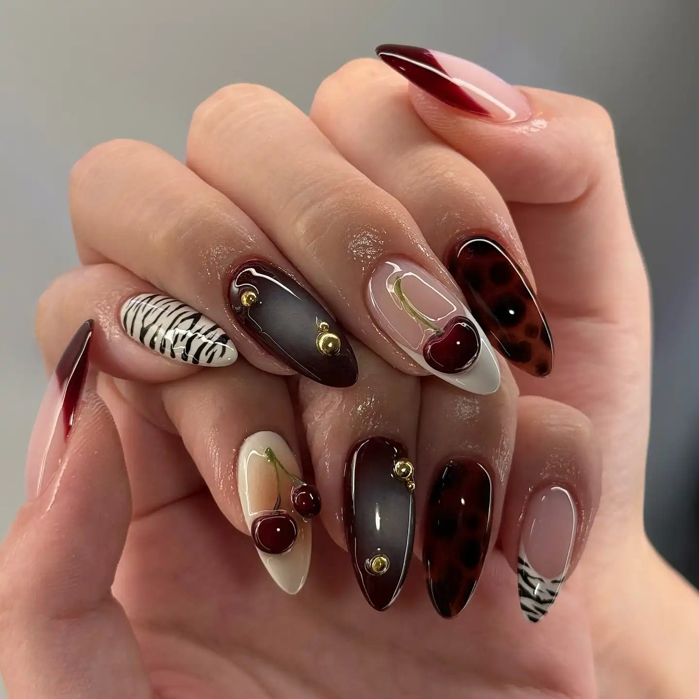 Handmade Deep Red 3D Cherry Gold Pearls Press on Nails B71