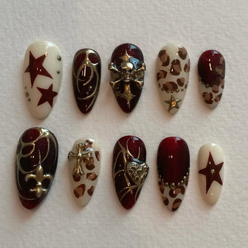 Handmade Deep Red Burgundy Gold Skull Leopard Print Gothic Press on Nails T20