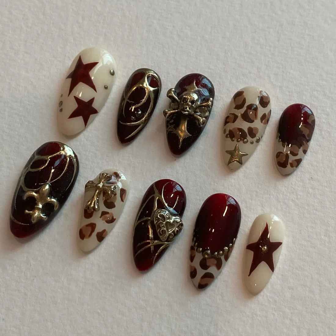 Handmade Deep Red Burgundy Gold Skull Leopard Print Gothic Press on Nails T20
