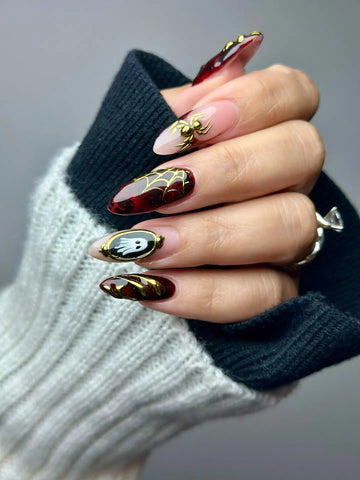Handmade Deep Red Tortoiseshell Gold Chrome Spider Web Ghost Fake Nails PU7