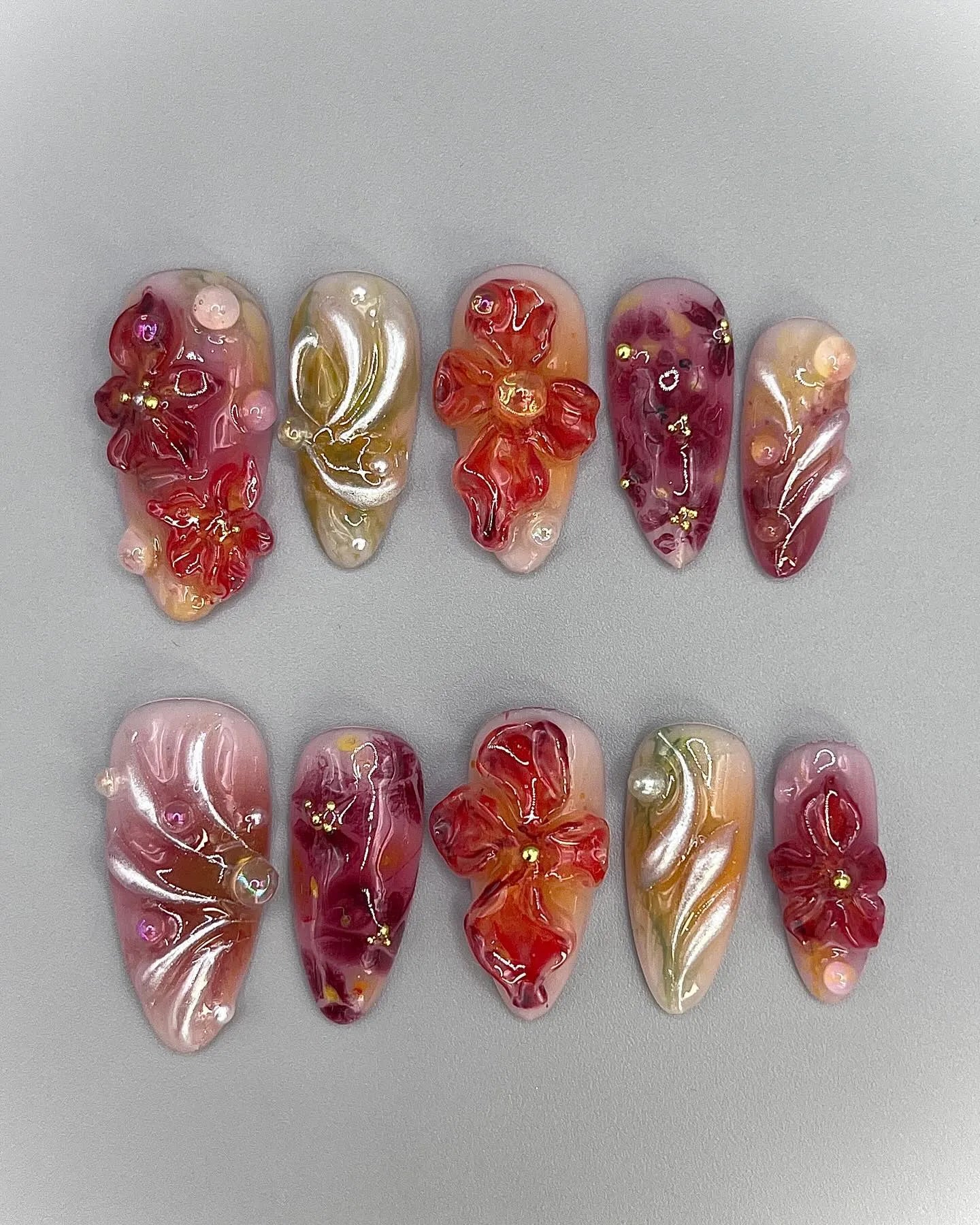 Handmade Deep Red Wine Orange 3D Flower Bow Wedding Press on Nails V70