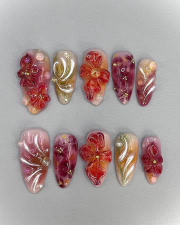 Handmade Deep Red Wine Orange 3D Flower Bow Wedding Press on Nails V70