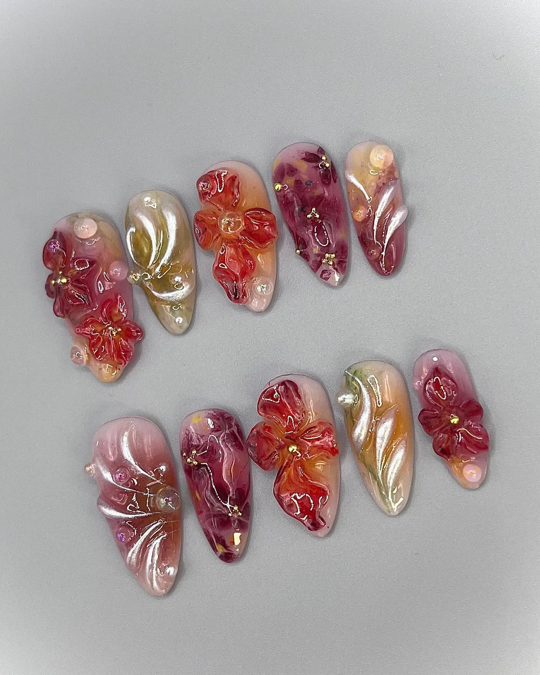 Handmade Deep Red Wine Orange 3D Flower Bow Wedding Press on Nails V70