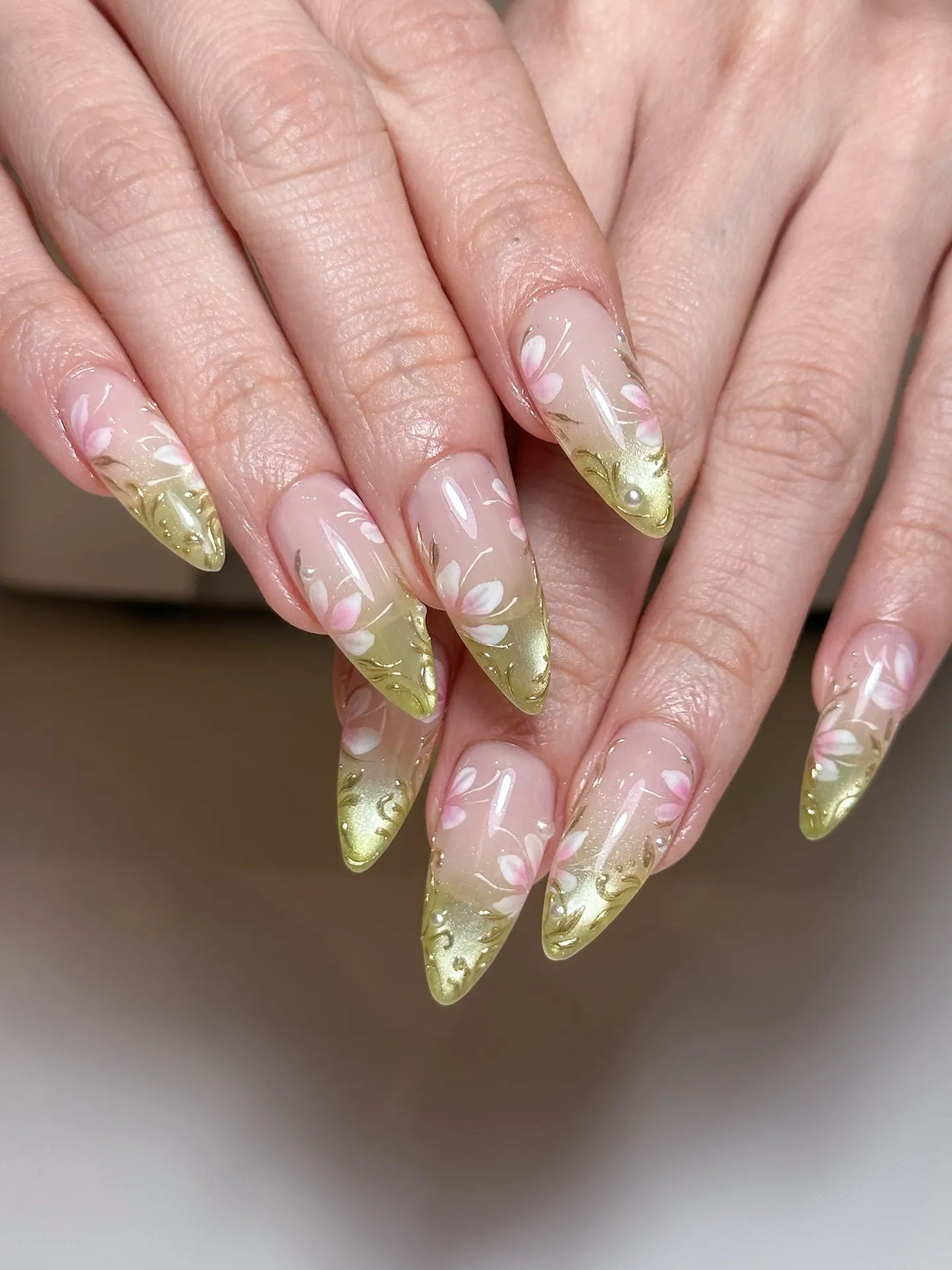Handmade Pink Cherry Blossom Green Floral Spring Press on Nails Z36