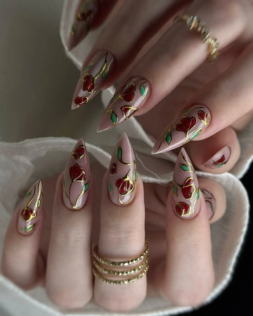 Handmade Red Rose Gold Stain Glass Floral Elegant Press on Nails N88