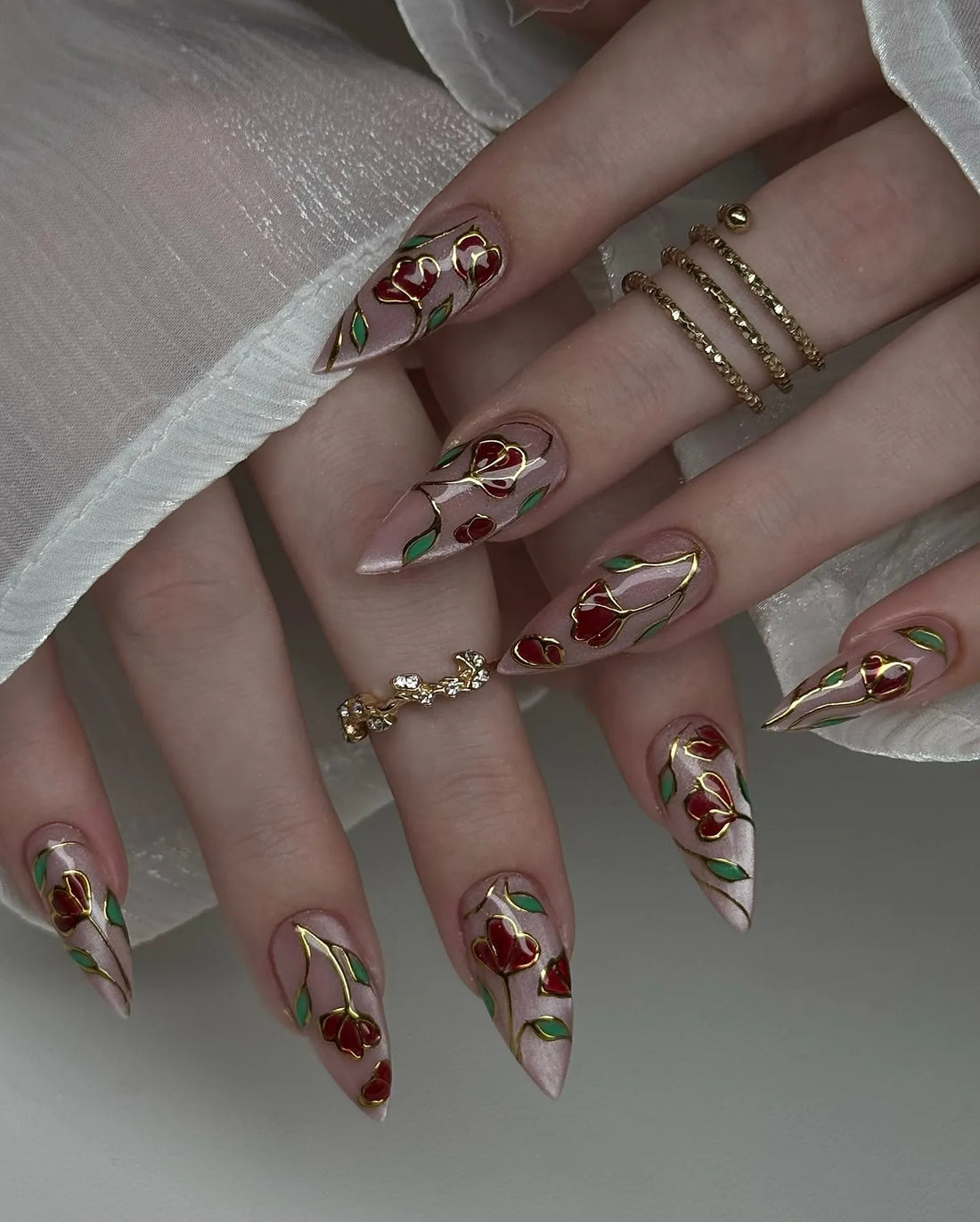 Handmade Red Rose Gold Stain Glass Floral Elegant Press on Nails N88