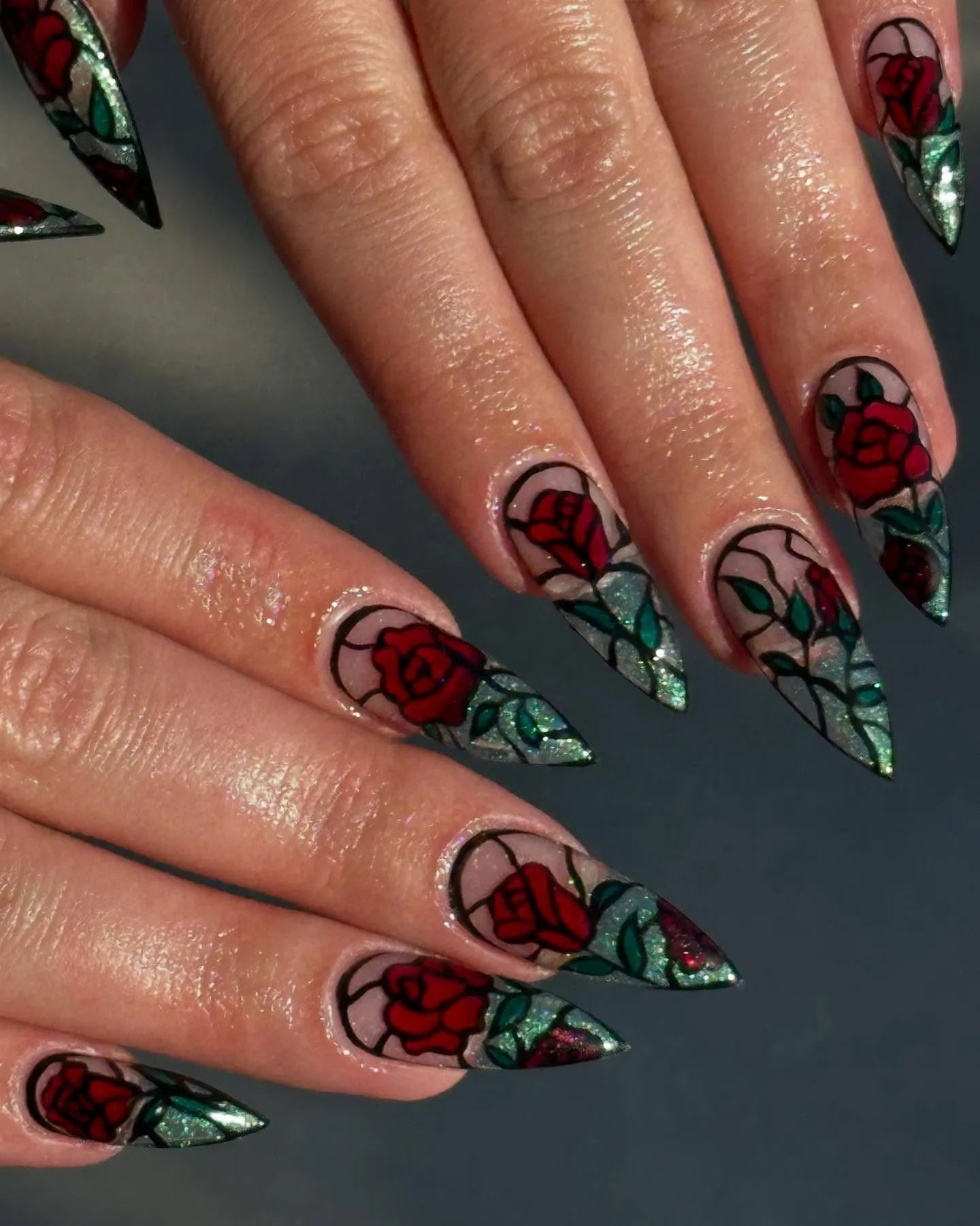 Handmade Stained Glass Red Rose Black Outline Artistic Press on Nails E35