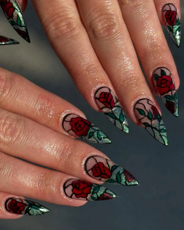 Handmade Stained Glass Red Rose Black Outline Artistic Press on Nails E35