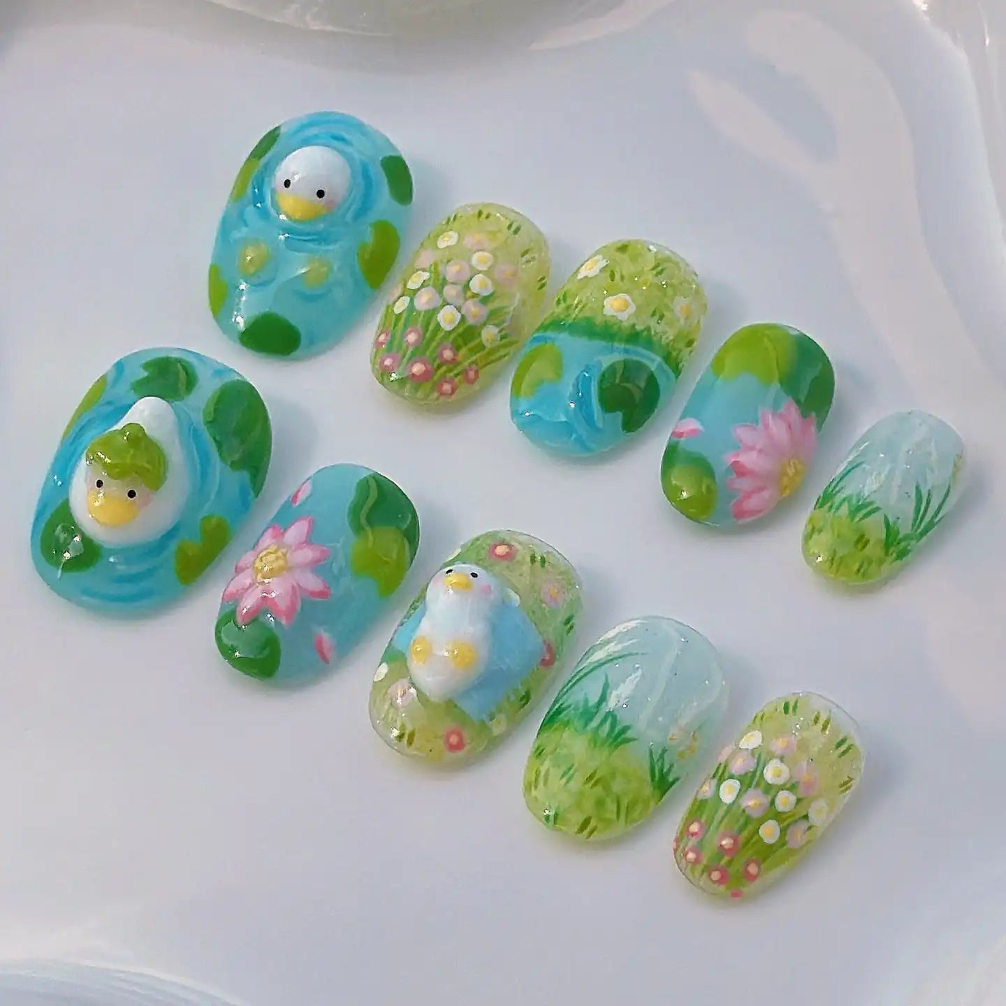 Handmade Duck Swimming in Green Garden with Flowers Press on Nails T83