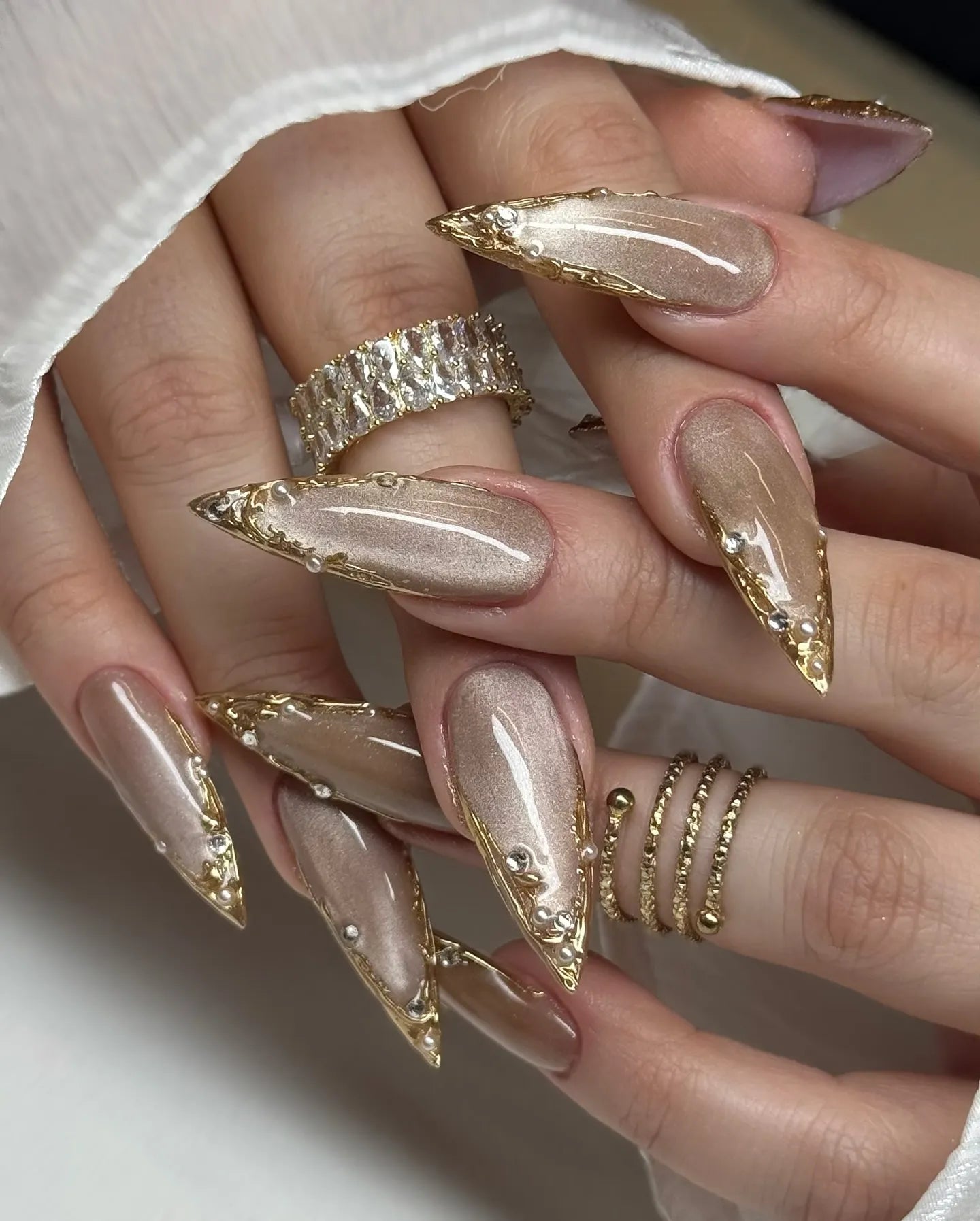 Handmade Edgy Metallic Taupe Gold Chrome Frame Luxury Press on Nails W31