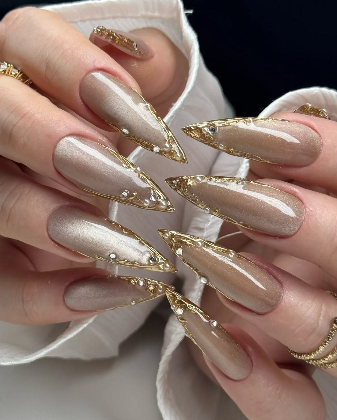 Handmade Edgy Metallic Taupe Gold Chrome Frame Luxury Press on Nails W31