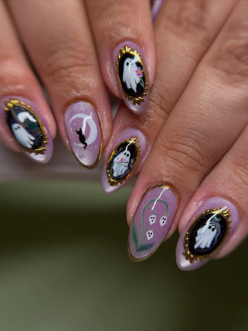 Handmade Elegant Gothic Lavender Ghost Portrait Gold Frame Moon Cat Fake Nails PT7