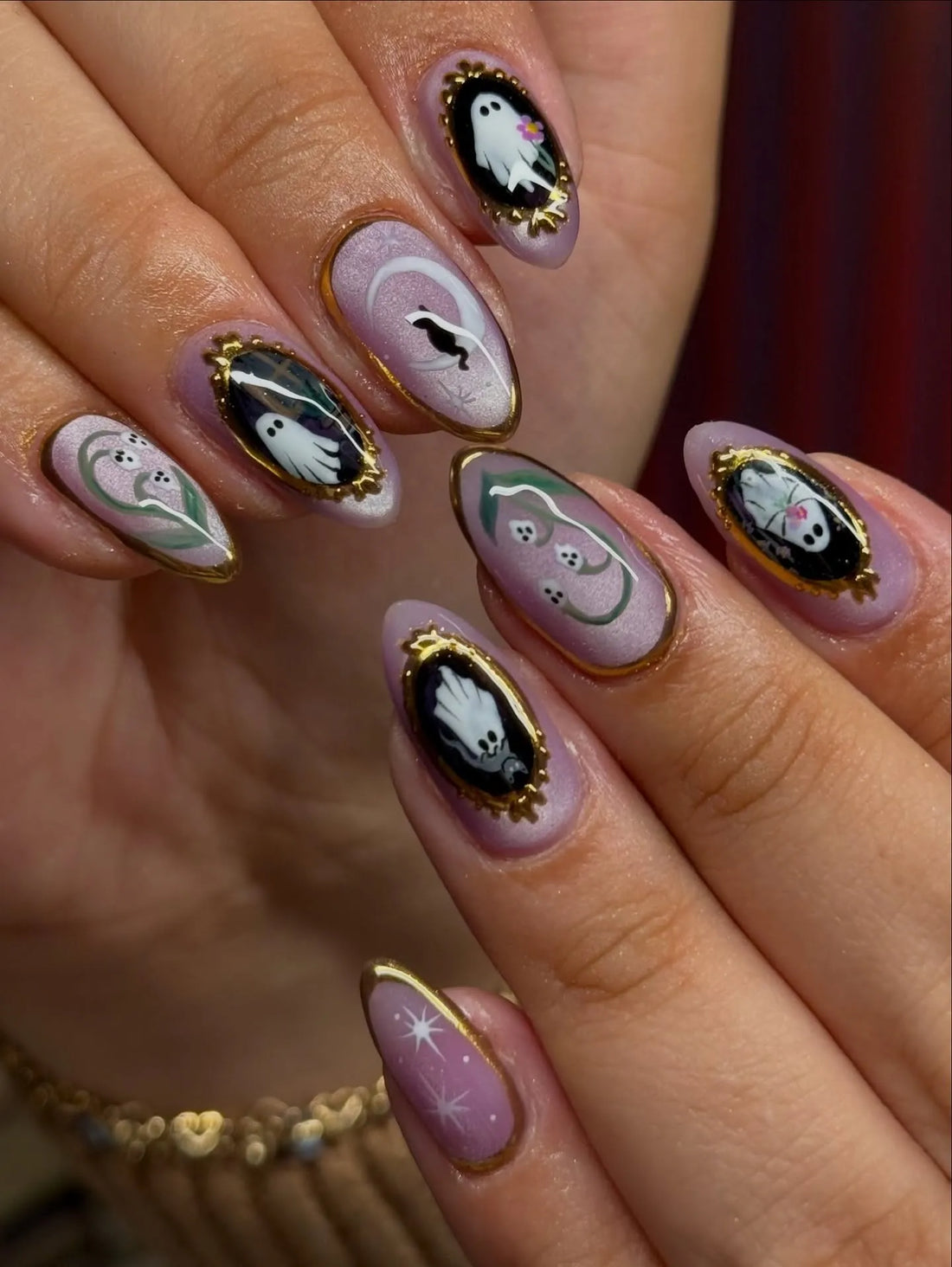 Handmade Elegant Gothic Lavender Ghost Portrait Gold Frame Moon Cat Fake Nails PT7