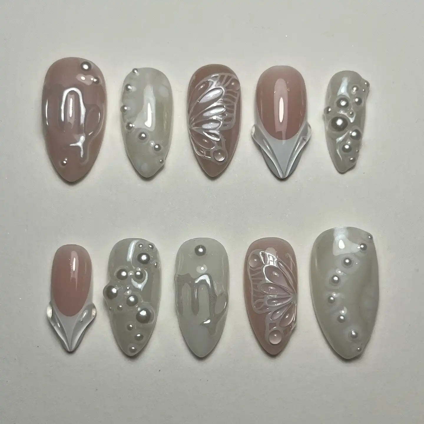 Handmade Elegant White Pearl Butterfly Bride Wedding Press on Nails C71