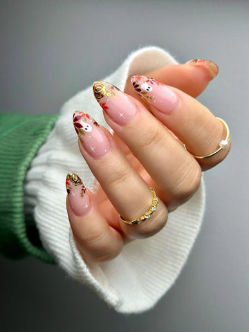 Handmade Elegant Nude Pink Ghost Gold Pumpkin Fall Leaf Press on Nails PU8
